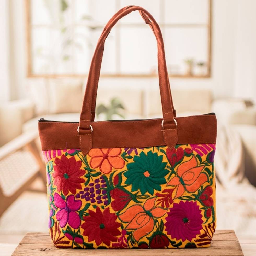 Colorful Hand-Woven Tote Bag with Floral Patterns 'Country Flowers'