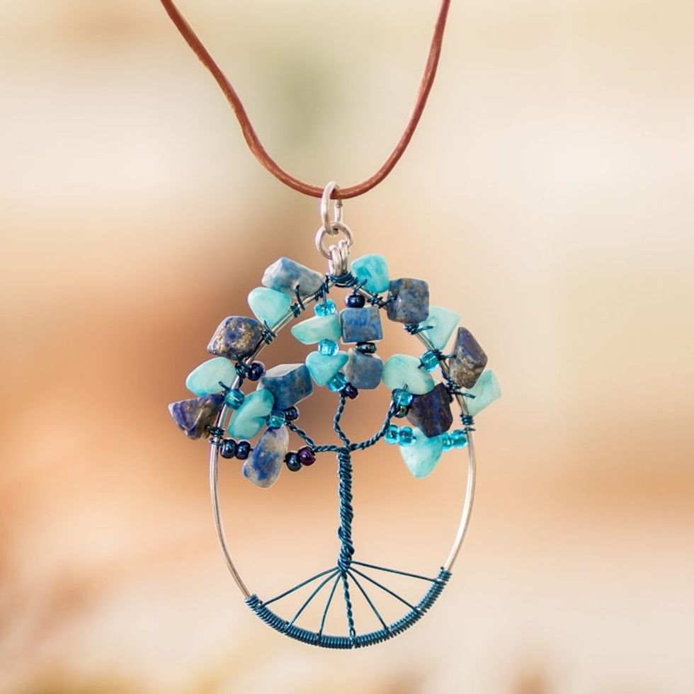 Tree-Themed Oval Blue Jasper and Quartz Pendant Necklace 'Forest in Blue'