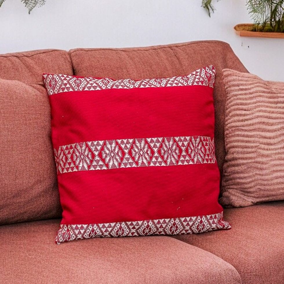 Handwoven Embroidered Poppy and White Cotton Cushion Cover 'Mountains and Valleys in Poppy'