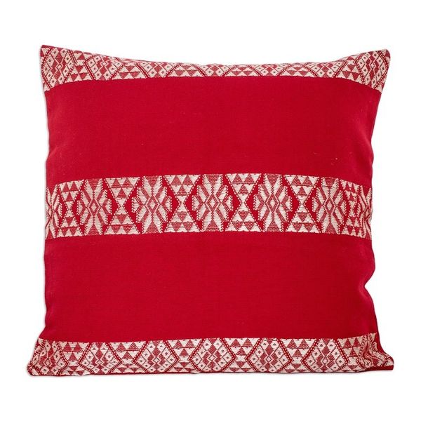 Alternate image for Handwoven Embroidered Poppy and White Cotton Cushion Cover Mountains and Valleys in Poppy