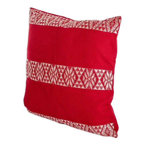 Alternate image for Handwoven Embroidered Poppy and White Cotton Cushion Cover Mountains and Valleys in Poppy