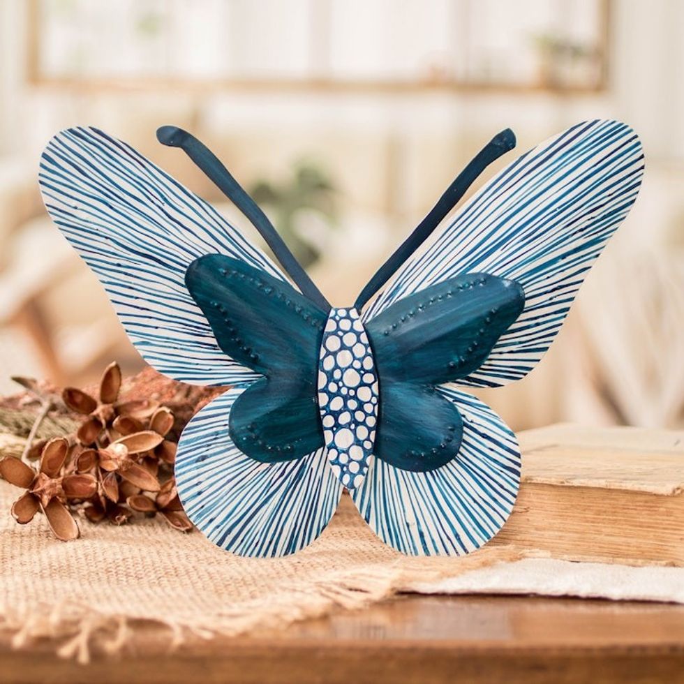 Turquoise Blue Butterfly Steel Wall Art from El Salvador 'Flutter in the Wind'