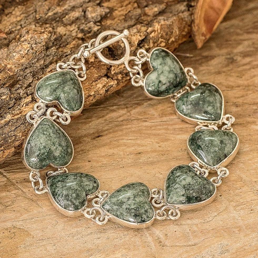 Sterling Silver Heart Link Bracelet with Green Jade Stones 'Green Symbol of Love'
