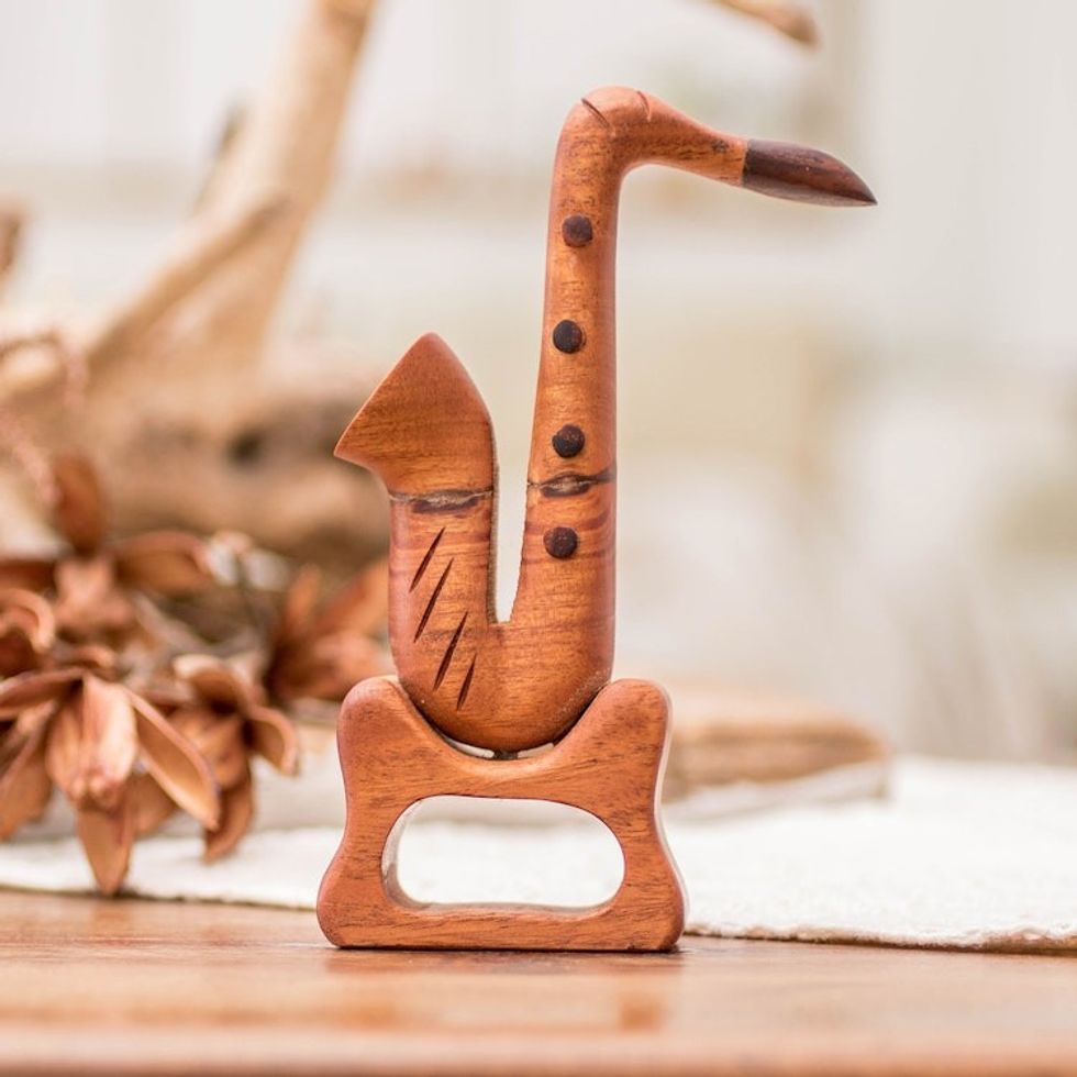 Saxophone-Themed Hand-Carved Mahogany Wood Decorative Accent 'Celestial Harmony'