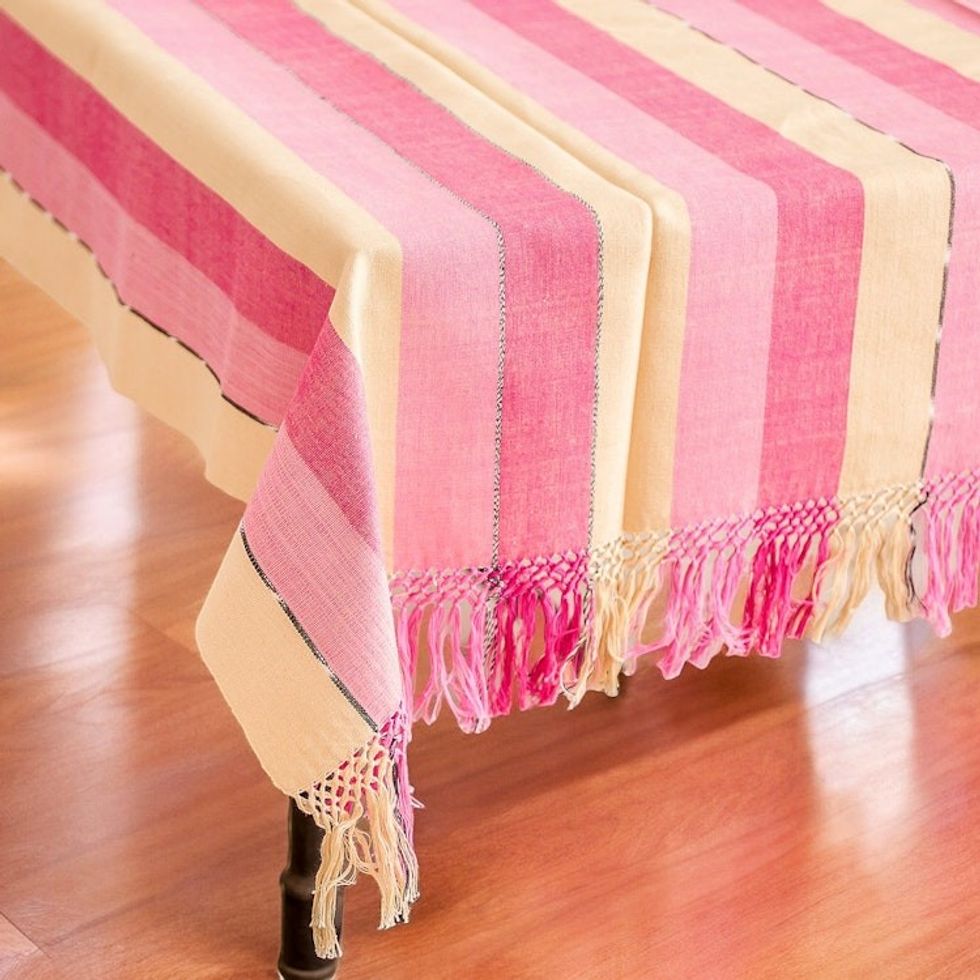 Handwoven Striped Fringed Pink and Yellow Cotton Tablecloth 'Radiant Rose'
