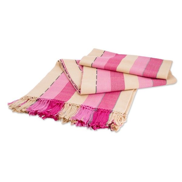 Alternate image for Handwoven Striped Fringed Pink and Yellow Cotton Tablecloth Radiant Rose