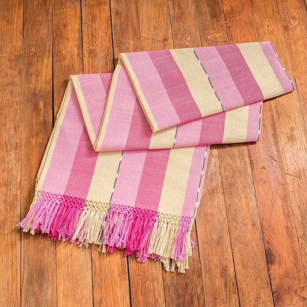 Alternate image for Handwoven Striped Fringed Pink and Yellow Cotton Tablecloth Radiant Rose