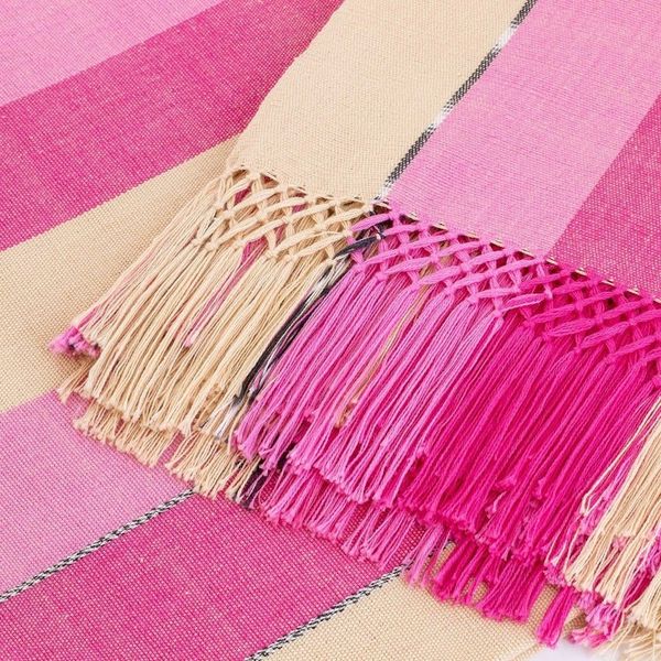 Alternate image for Handwoven Striped Fringed Pink and Yellow Cotton Tablecloth Radiant Rose