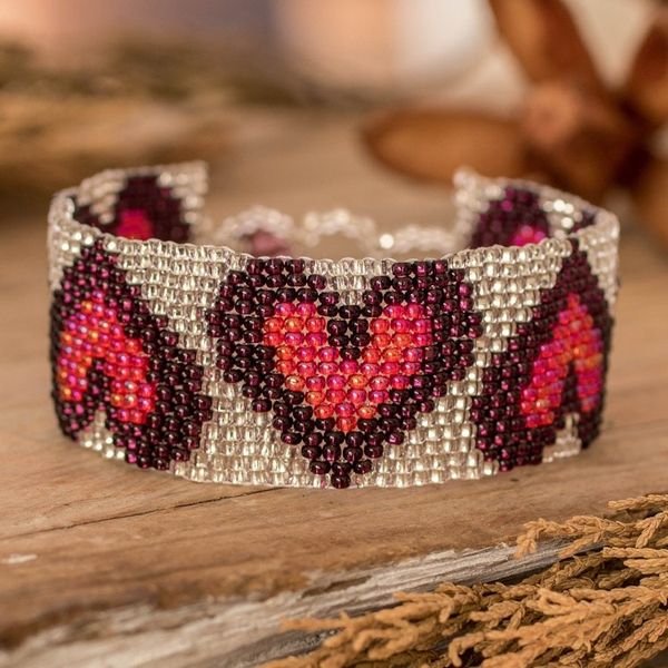 Alternate image for Handmade Red Purple Silver-Hued Heart-Themed Beaded Bracelet Purple Queen of Hearts