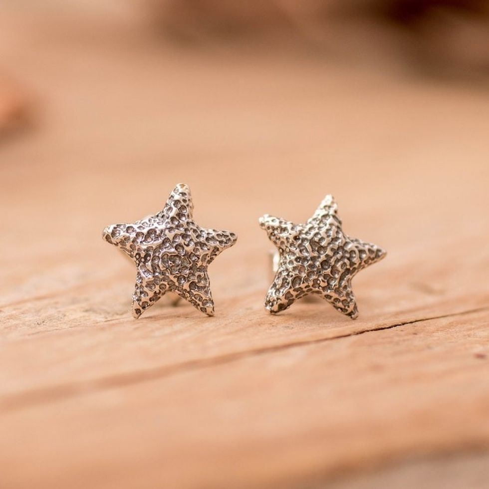 Starfish-Inspired Textured Sterling Silver Stud Earrings 'Ocean Stardom'