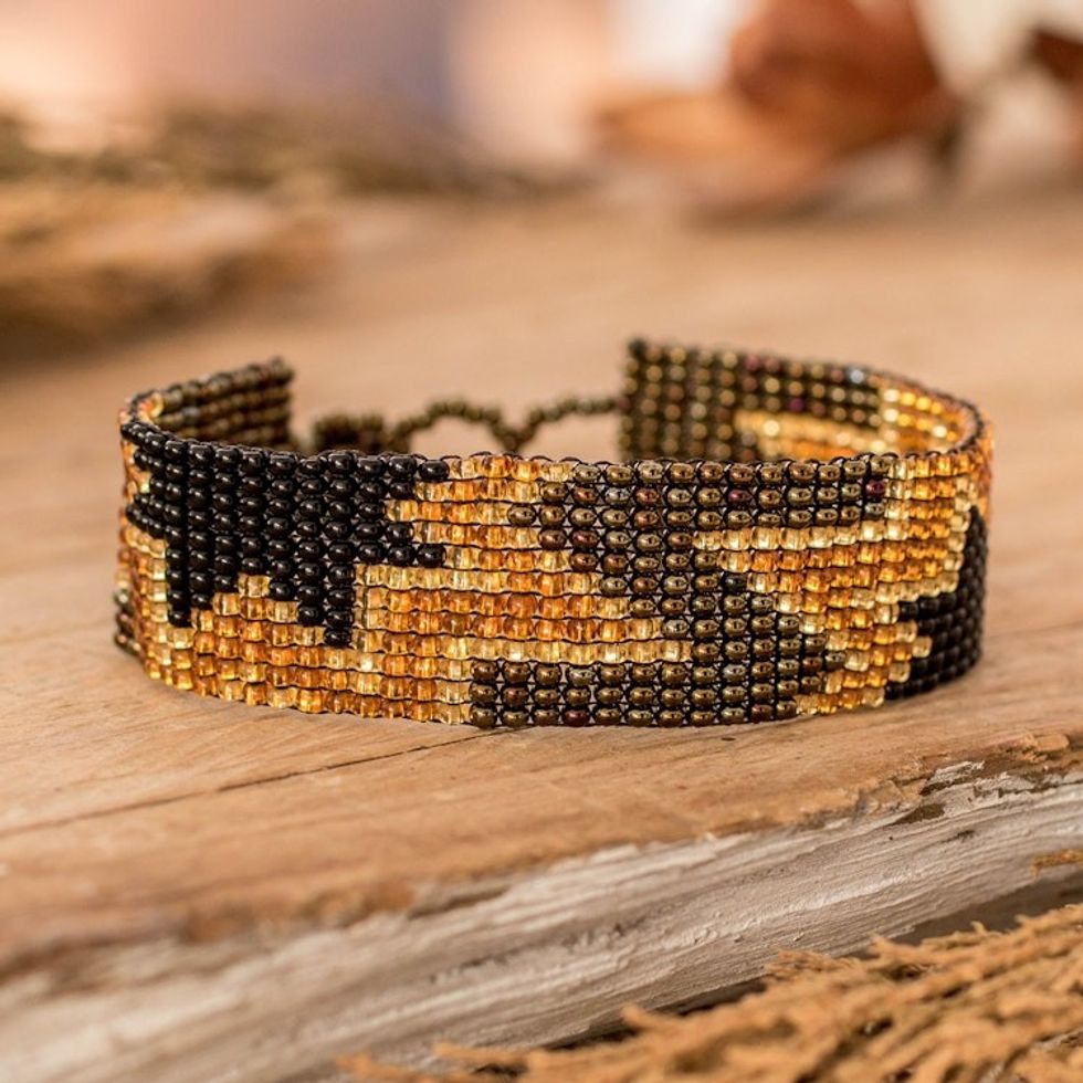 Artisan-Made Black and Bronze Star Glass Beaded Bracelet 'Heroic Blast'