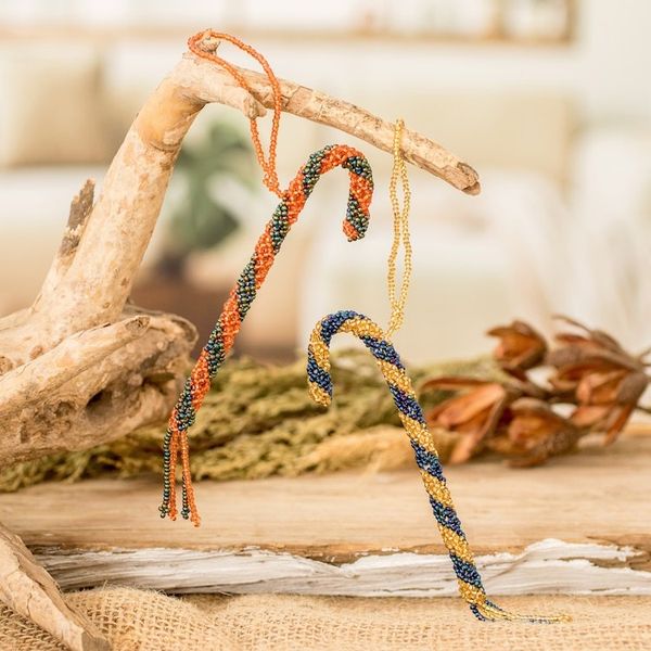 Alternate image for Two Glass Beaded Candy Cane-Themed Ornaments from Guatemala Candy Cane Couple