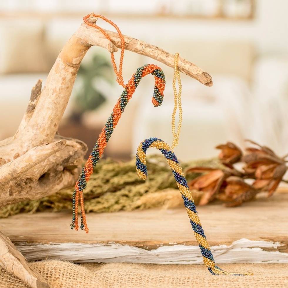 Two Glass Beaded Candy Cane-Themed Ornaments from Guatemala 'Candy Cane Couple'