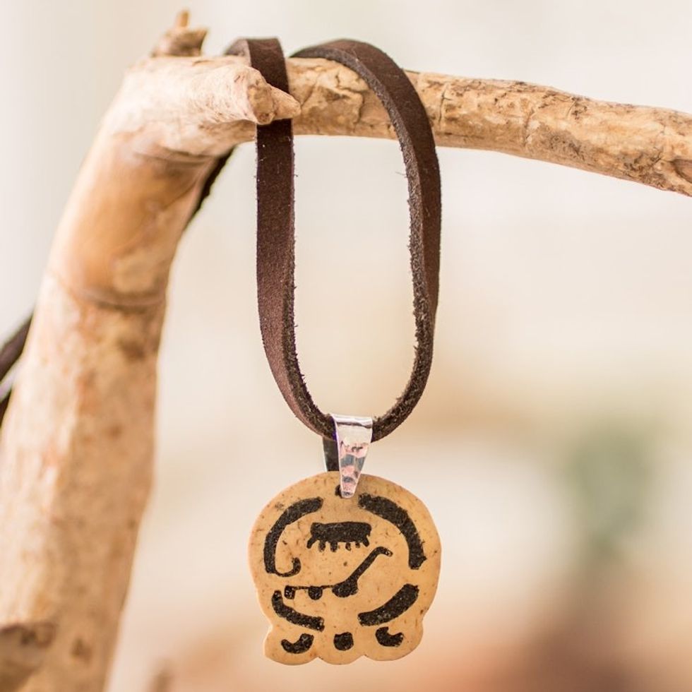 Coconut Shell and Lava Stone Kame Sign Pendant Necklace 'Inner Rebirth'