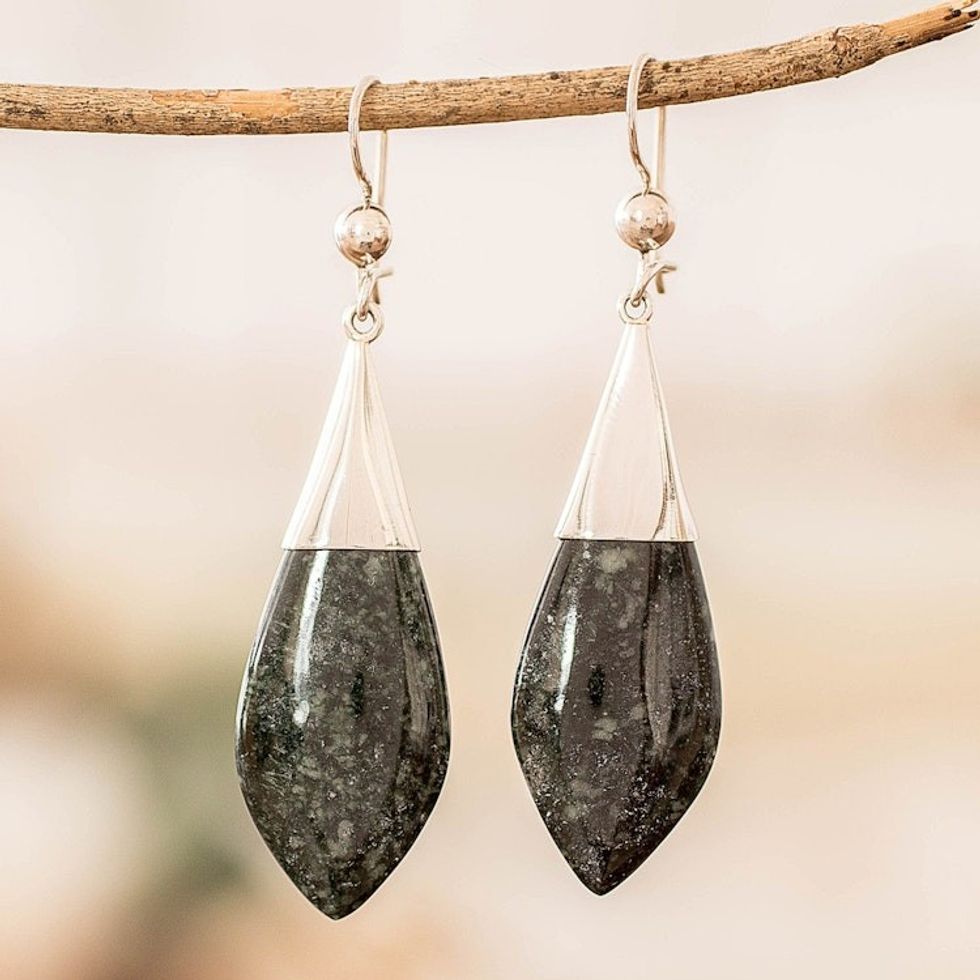 Handcrafted Folk Art Black Jade Cabochon Dangle Earrings 'Maya Lance of Power'