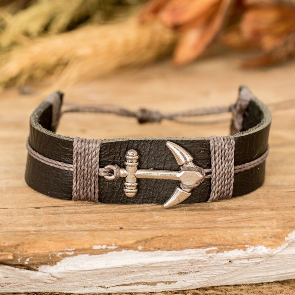 Men's Black Leather Stainless Steel Anchor Pendant Bracelet 'High Seas Anchor'