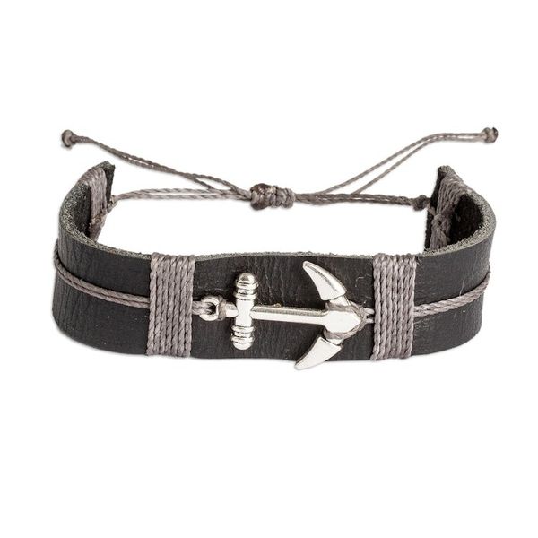 Alternate image for Mens Black Leather Stainless Steel Anchor Pendant Bracelet High Seas Anchor