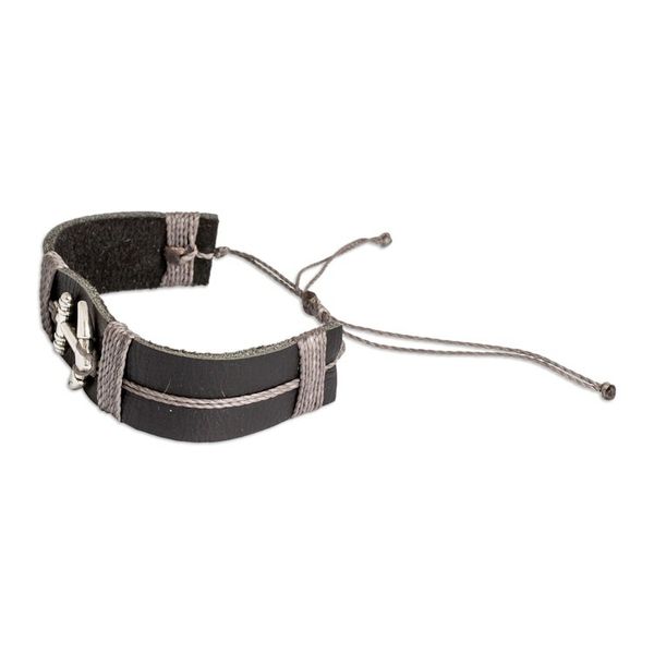 Alternate image for Mens Black Leather Stainless Steel Anchor Pendant Bracelet High Seas Anchor