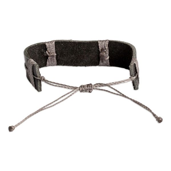 Alternate image for Mens Black Leather Stainless Steel Anchor Pendant Bracelet High Seas Anchor