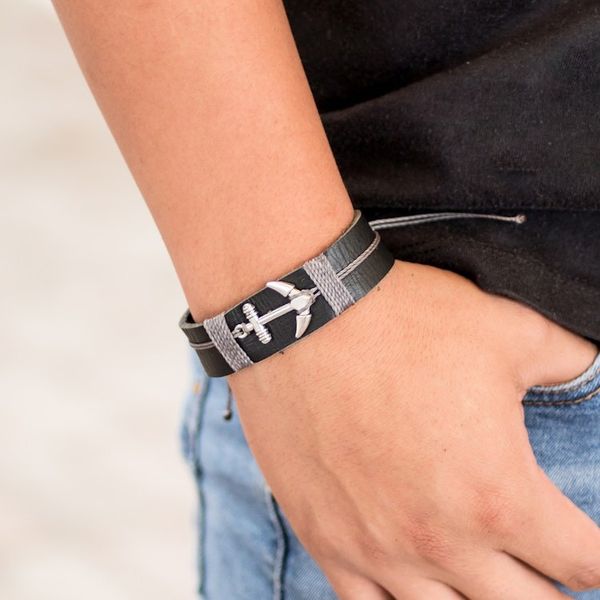 Alternate image for Mens Black Leather Stainless Steel Anchor Pendant Bracelet High Seas Anchor
