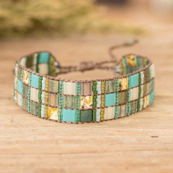 Alternate image for Adjustable Green Aqua Mosaic Glass Beaded Wristband Bracelet Magical Mosaic