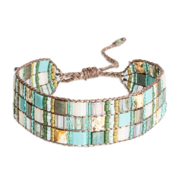 Alternate image for Adjustable Green Aqua Mosaic Glass Beaded Wristband Bracelet Magical Mosaic