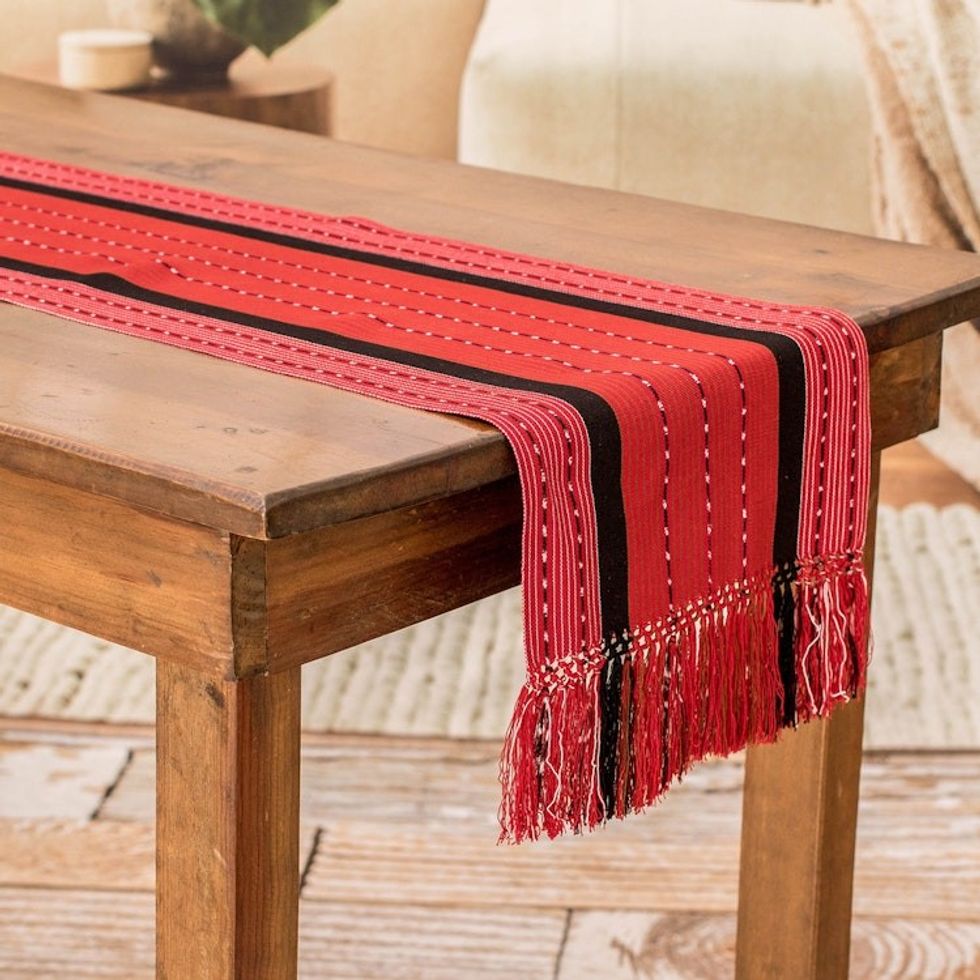 Red and Black 100 Cotton Table Runner Woven in Guatemala 'Flaming Paths'