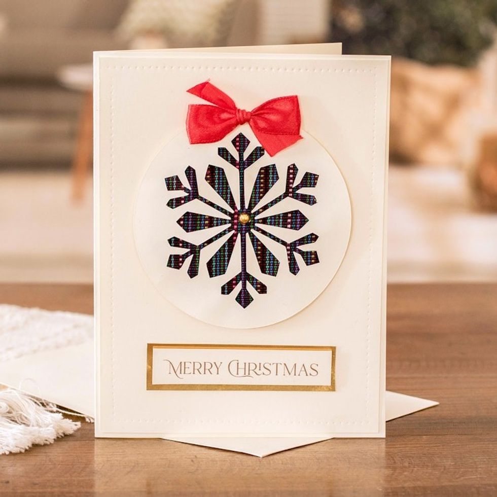 Handmade Red Ribbon Snowflake-Themed Christmas Greeting Card 'Festive Tenderness'