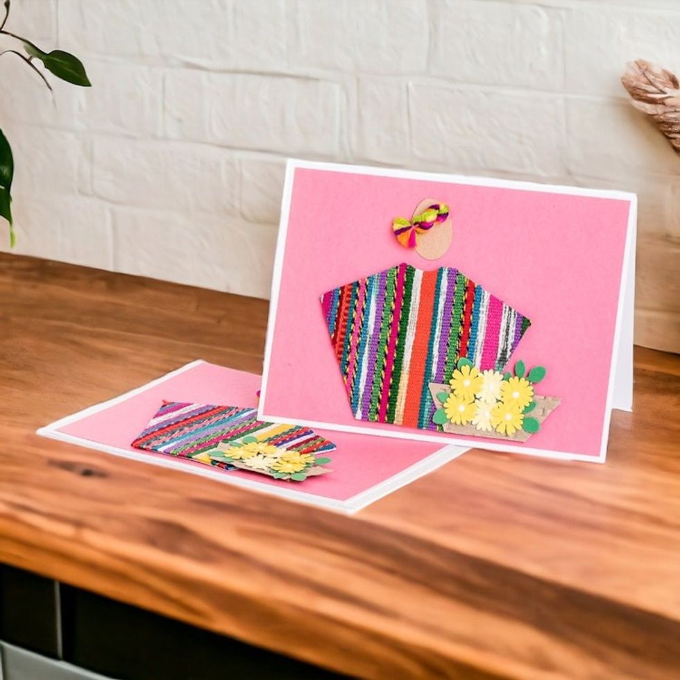 Pair of Pink Greeting Cards with Hand-Woven Cotton Accents 'Rose Spring'