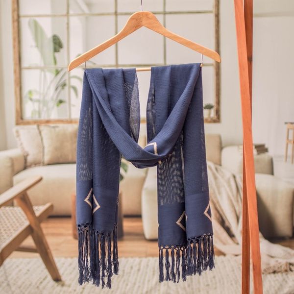 Alternate image for Geometric-Themed Hand-Woven Fringed Cotton Scarf in Blue Hue Blue Geometric Charm