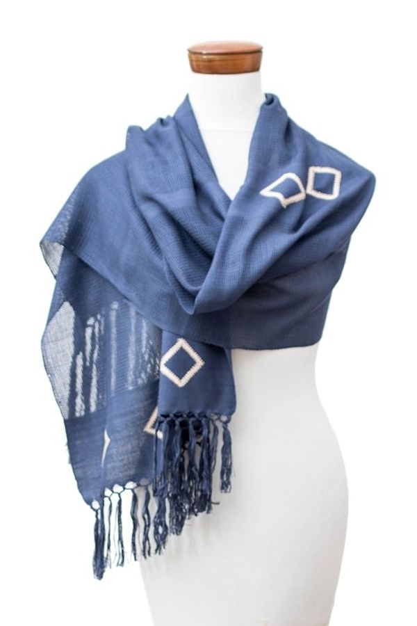 Alternate image for Geometric-Themed Hand-Woven Fringed Cotton Scarf in Blue Hue Blue Geometric Charm