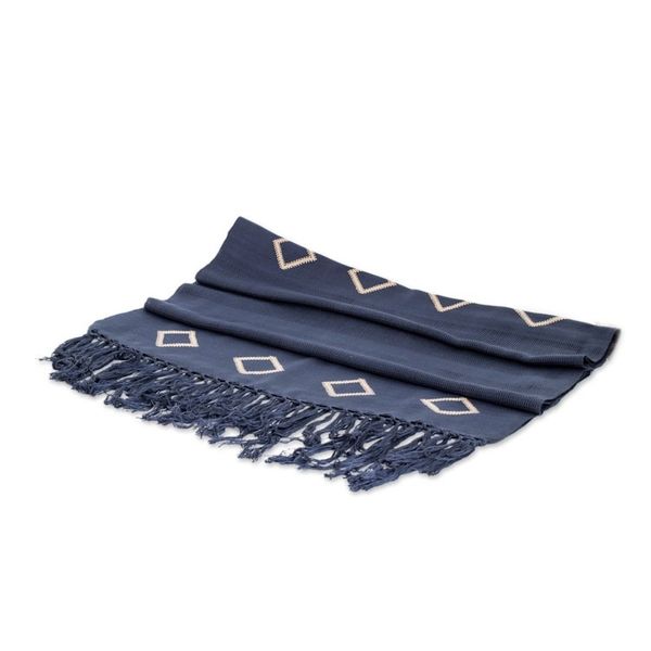 Alternate image for Geometric-Themed Hand-Woven Fringed Cotton Scarf in Blue Hue Blue Geometric Charm
