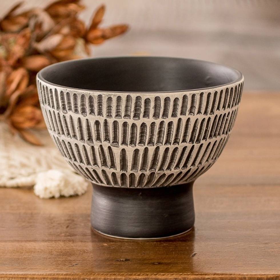 Ivory and Black Textured Ceramic Vase Handmade in Guatemala 'Harmonious Symphony in Black'