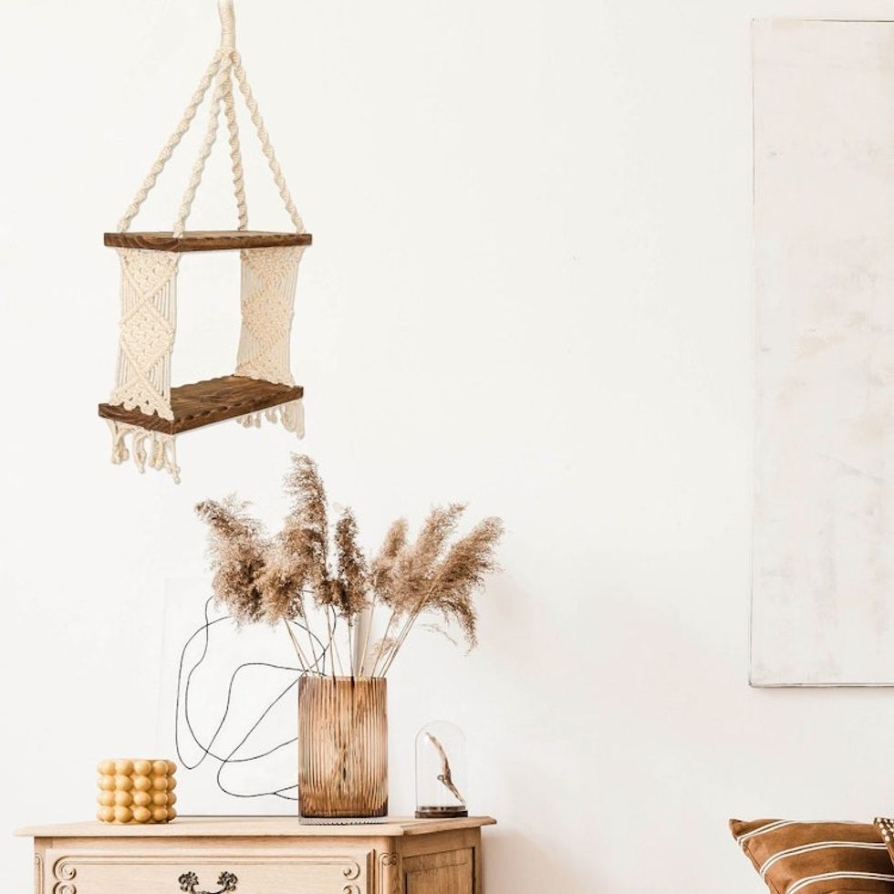 Geometric-Themed Macrame Cotton and Wood Hanging Shelf 'Boho Spiral'