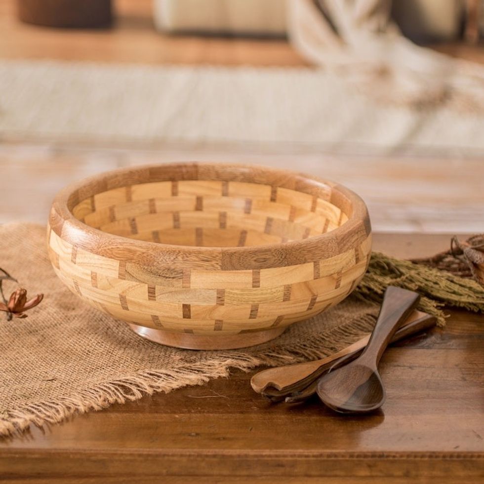 Eco-Friendly Reclaimed Wood Salad Bowl and Two Spoon Set 'Exquisite Delights'