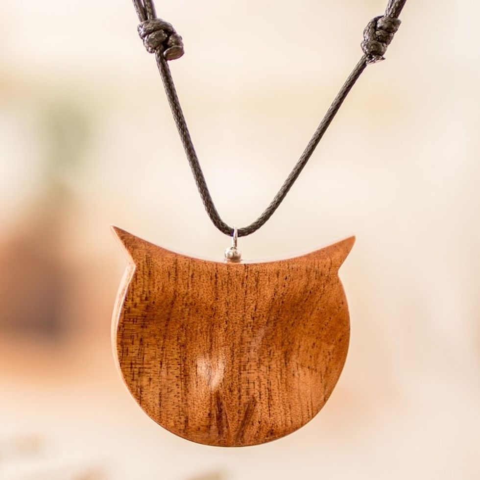 Hand-Carved Adjustable Cedarwood Owl Pendant Necklace 'Nocturnal Owl'