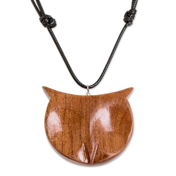 Alternate image for Hand-Carved Adjustable Cedarwood Owl Pendant Necklace Nocturnal Owl
