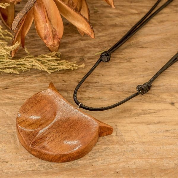 Alternate image for Hand-Carved Adjustable Cedarwood Owl Pendant Necklace Nocturnal Owl