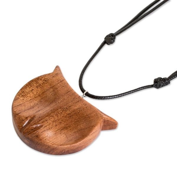 Alternate image for Hand-Carved Adjustable Cedarwood Owl Pendant Necklace Nocturnal Owl