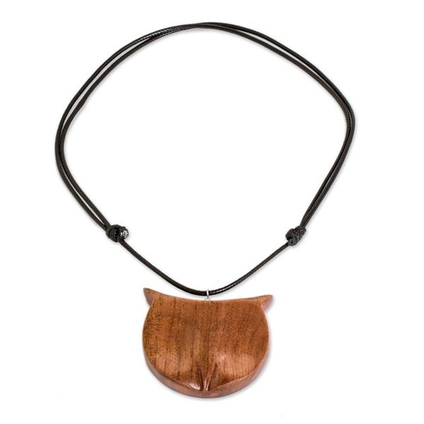 Alternate image for Hand-Carved Adjustable Cedarwood Owl Pendant Necklace Nocturnal Owl