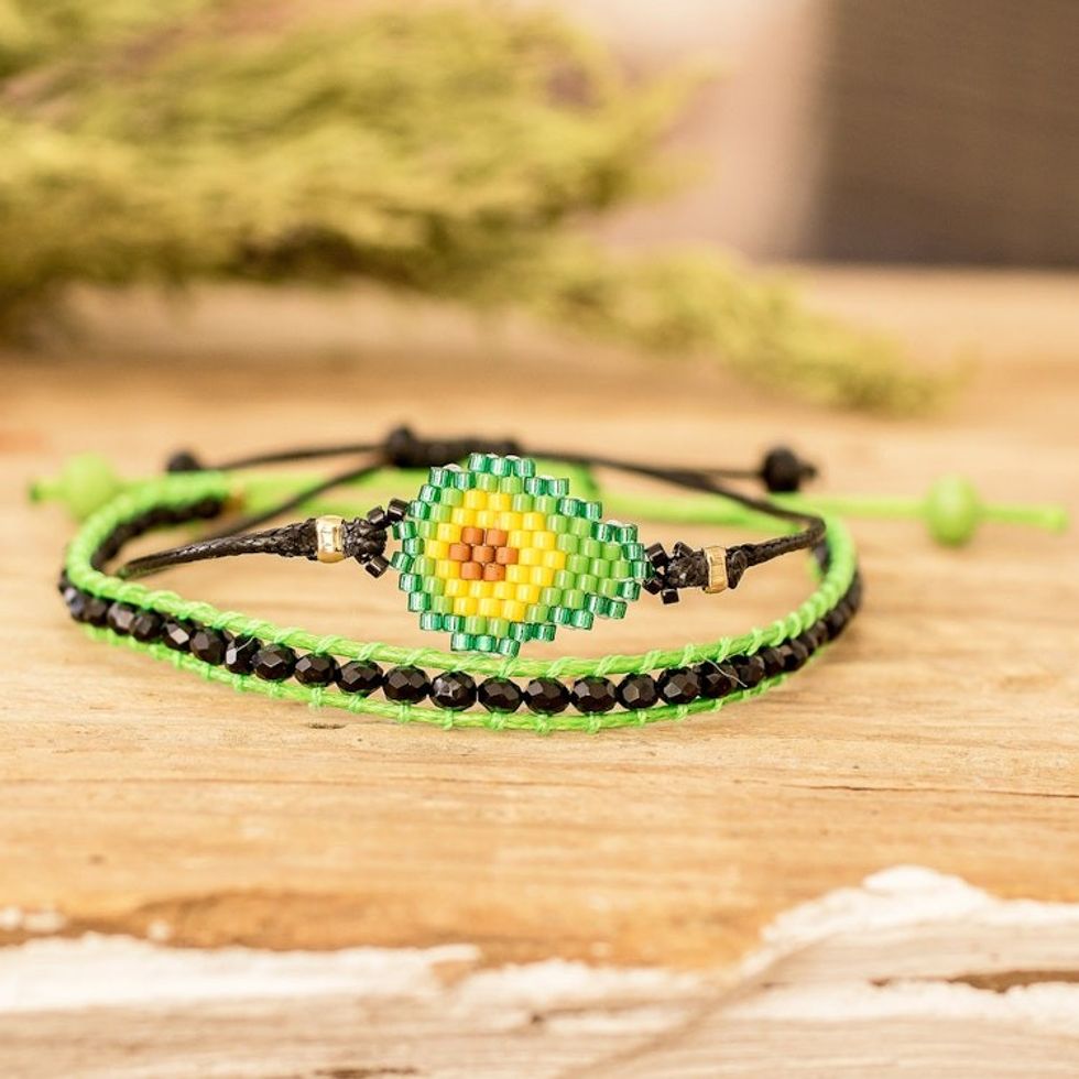 Set of 2 Avocado Green Glass Beaded Friendship Bracelets 'Avocado Bond'