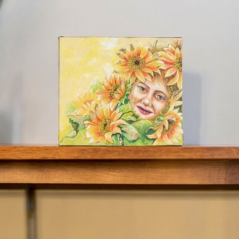 Signed Expressionist Oil and Gold Foil Sunflower Painting 'Sunshine'