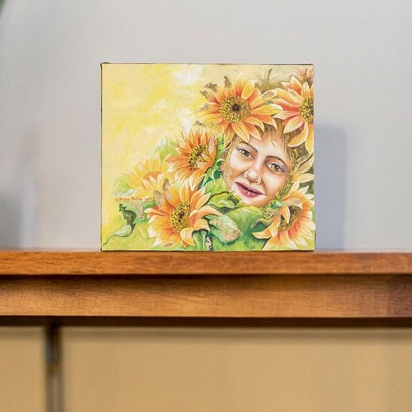 Alternate image for Signed Expressionist Oil and Gold Foil Sunflower Painting Sunshine