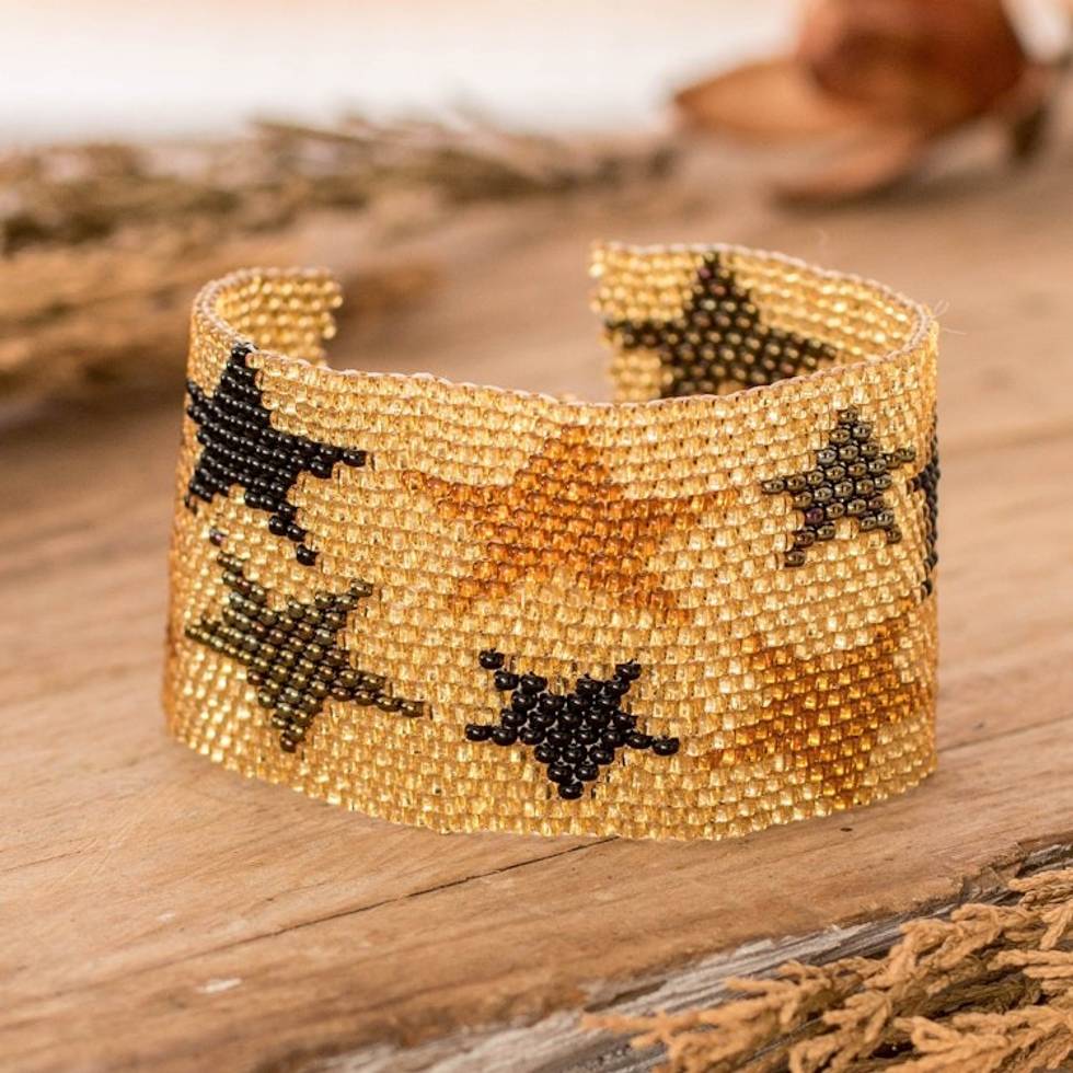 Golden Glass Beaded Star Wristband Bracelet from Guatemala 'Constellation in Golden'