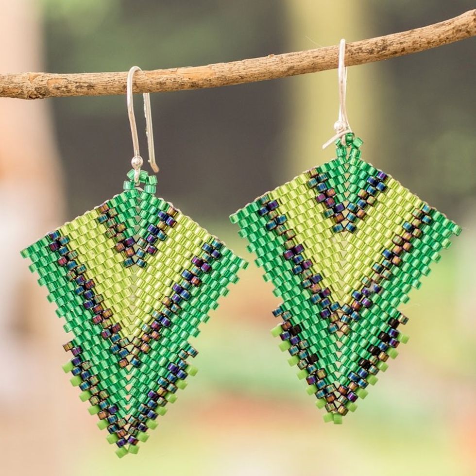 Handcrafted Green Glass Beaded Dangle Earrings 'Green Signals'