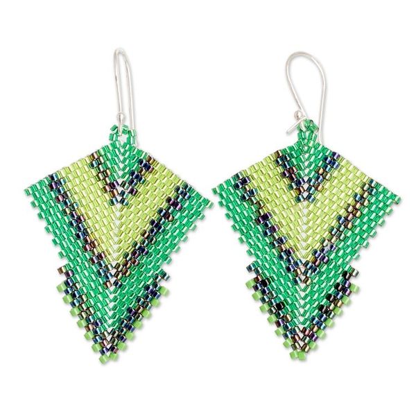 Alternate image for Handcrafted Green Glass Beaded Dangle Earrings Green Signals