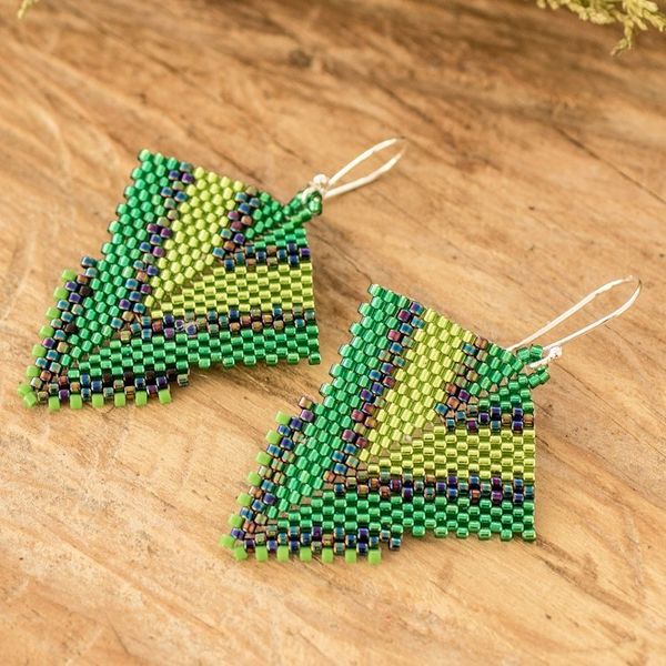 Alternate image for Handcrafted Green Glass Beaded Dangle Earrings Green Signals