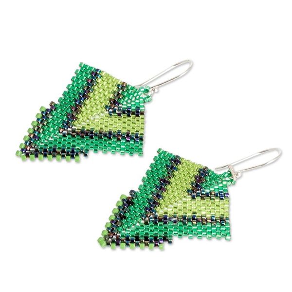Alternate image for Handcrafted Green Glass Beaded Dangle Earrings Green Signals