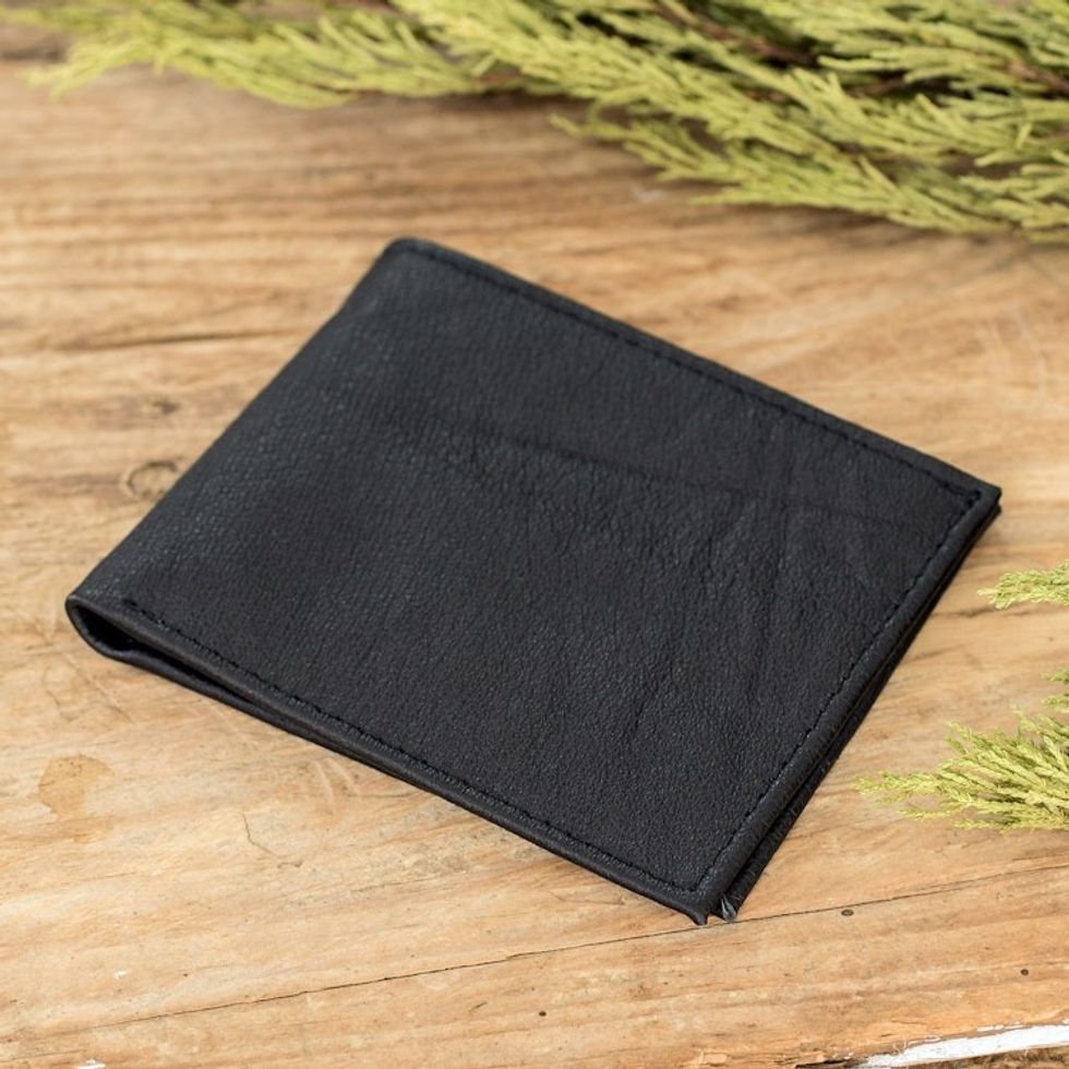 Eco-Friendly Recycled Leather Men's Bifold Wallet in Black 'Practical Sophistication'