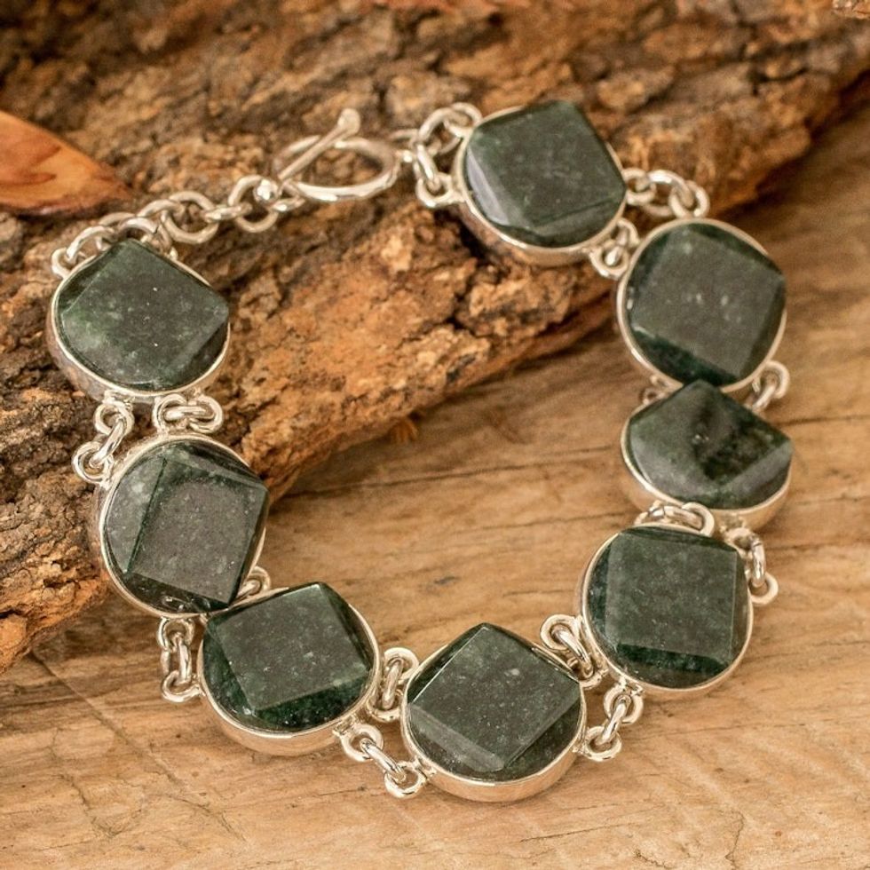 Sterling Silver Geometric Link Bracelet with Dark Green Jade 'Night Forest'